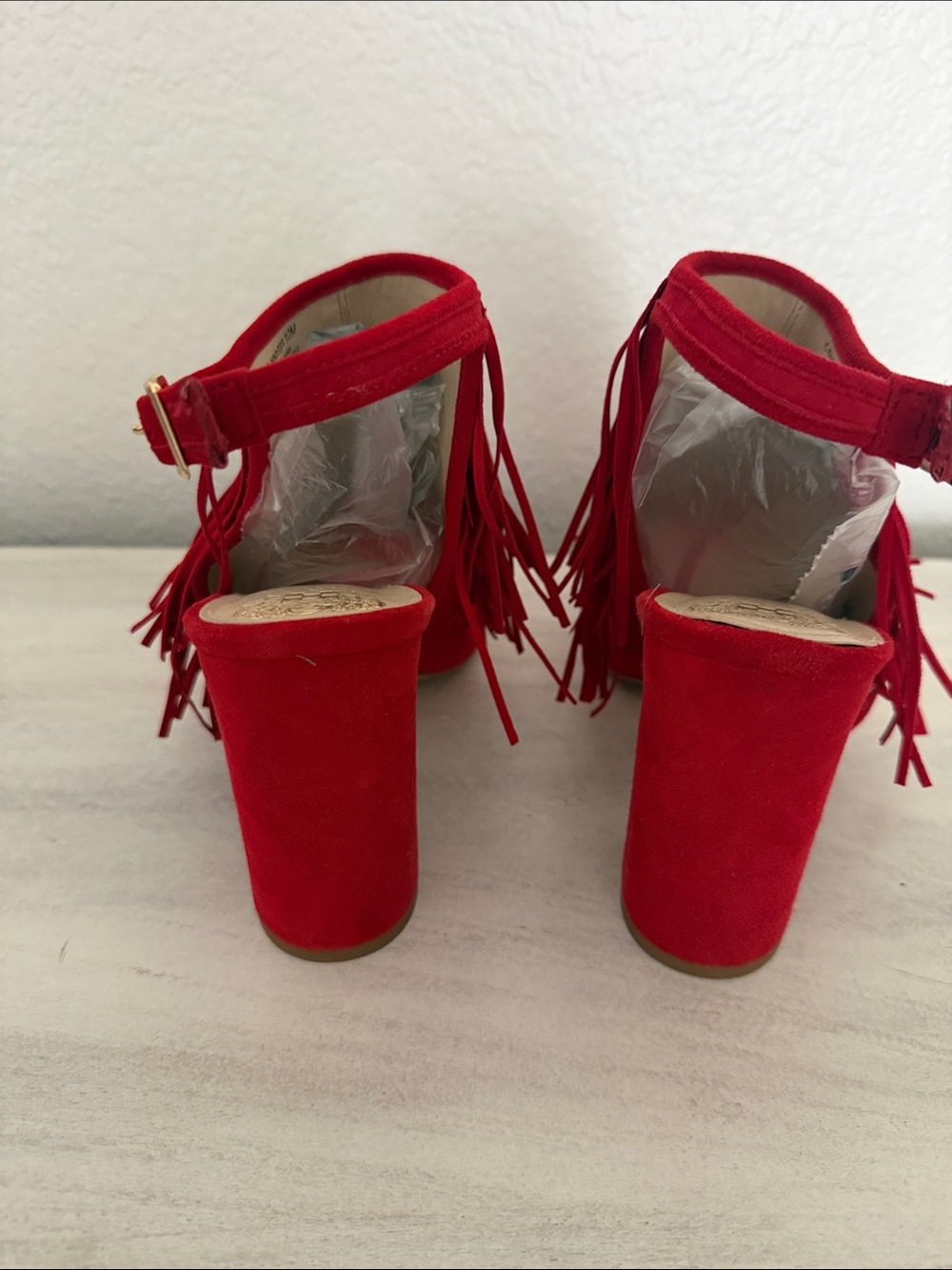 Vince Camuto Winveer Red Suede Fringe Peep-Toe Block Heels Size 10 - Picture 5 of 9
